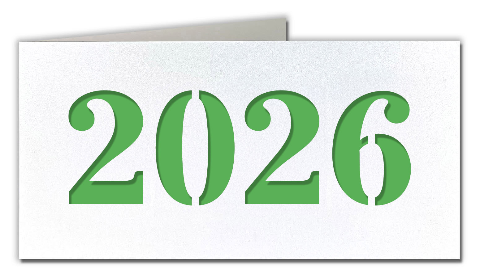 Neujahrskarte weiß metallic mit Laserstanzung 2026 und grünem Einlegeblatt