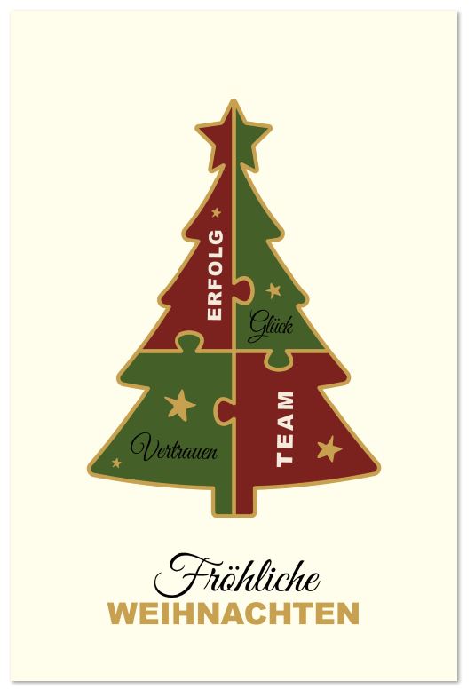 Firmenweihnachtskarte mit Puzzle-Baum und positiven Worten sowie "Fröhliche Weihnachten"