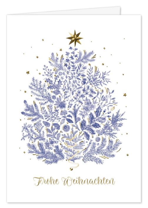 Edle Weihnachtskarte in Weiß mit Weihnachtsbaum aus filigranen botanischen Elementen und "Frohe Weihnachten"