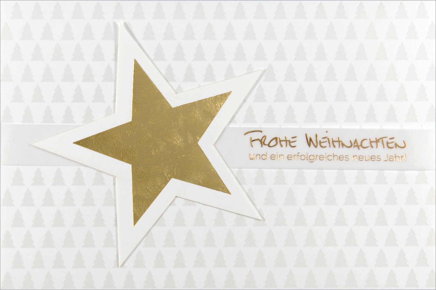 Weihnachtskarte weiß mit Weihnachtsbäumen und goldenem Stern