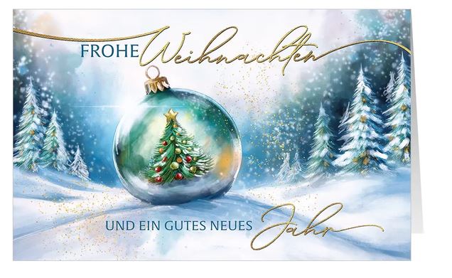 Zauberhafte Weihnachtskarte "Glanzvolle Winterwelt" mit Weihnachtsbaum in einer Kugel und Weihnachtsgruß