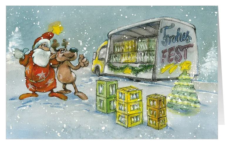 Humorvolle Branchenkarte "Prickelnde Weihnacht" passend für Getränke-Lieferdienst oder Brauerei