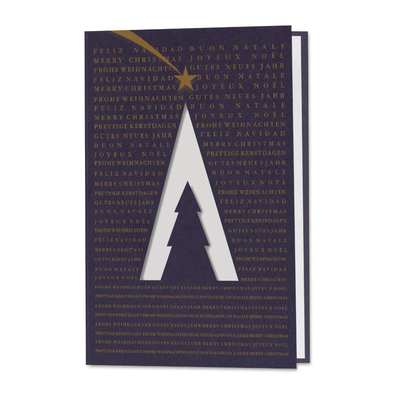 Dunkelblaue Weihnachtskarte im eleganten Design mit internationalen Grüßen und Stanzung, inkl. Falteinlegeblatt