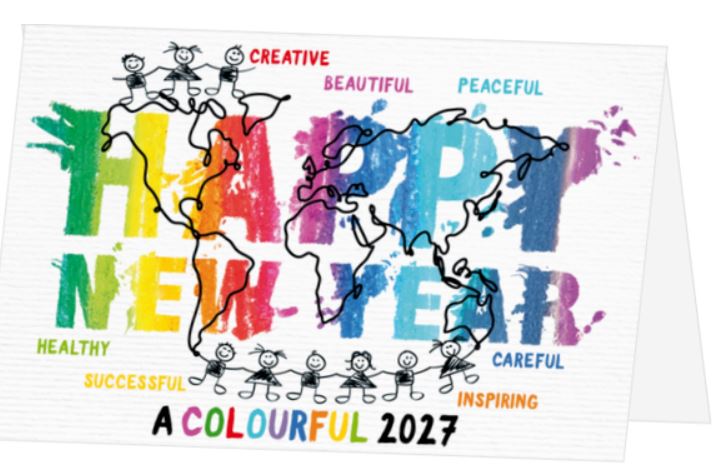 Farbenfrohe Spenden-Neujahrskarte "A Colourful 2027" für War Child mit positiver Botschaft für das neue Jahr