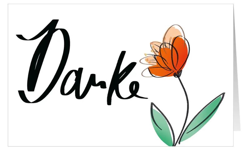 Blumige Danksagungskarte "Merci" als Klappkarte mit dem Wort Danke und roter Blume
