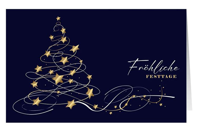 Spendenweihnachtskarte "Sternenpoesie" für Ärzte ohne Grenzen in Blau mit Weihnachtsgruß und Sternenbaum