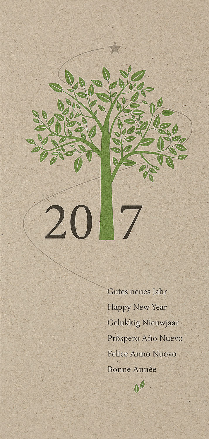 Neujahrskarte braun Kraftkarton mit grünem Baum und Jahreszahl 2017