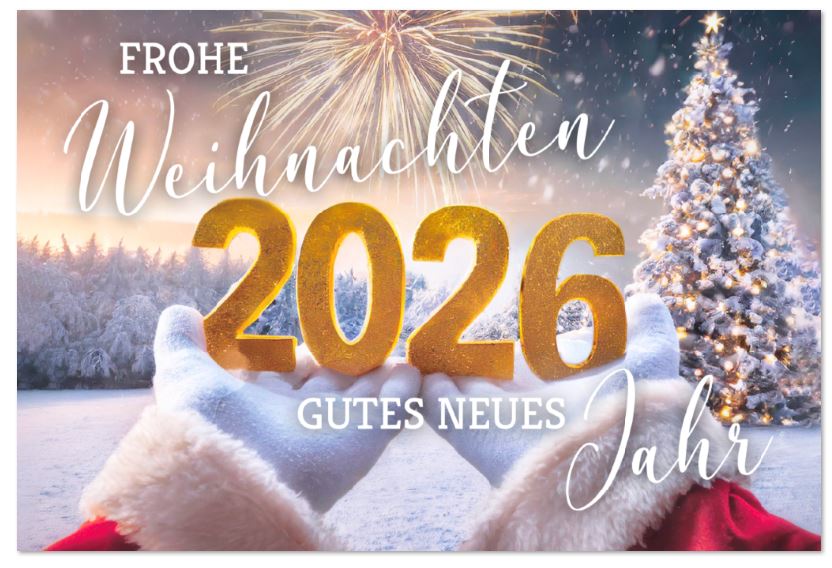 Winterliche Spendenkarte "Festlicher Jahreswechsel 2026" mit Spendenanteil zugunsten: Deutsche Krebsgesellschaft e.V.