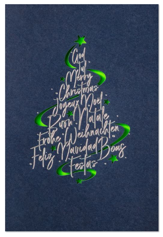 Moderne Weihnachtskarte in blau mit internationalen Grüßen, Stanzung und Einlegeblatt in hellgrün