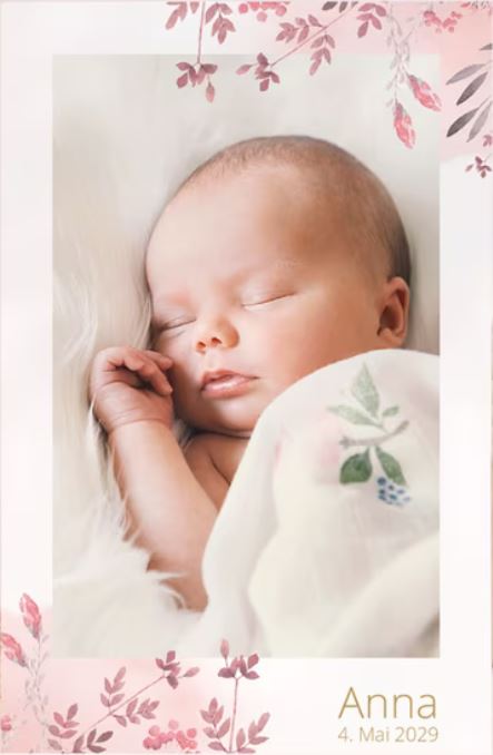 Liebevoll gestaltete Geburtskarte für Mädchen mit zartrosa Blüten und Foto Eures kleinen Schatzes
