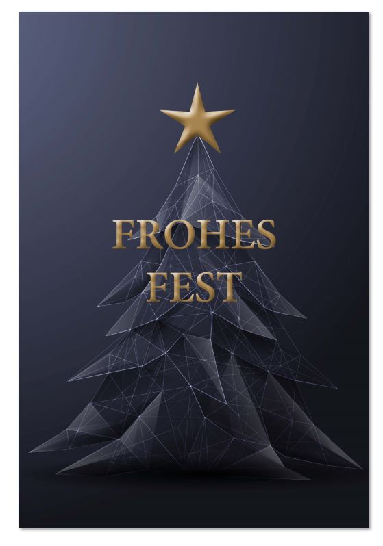 Moderne Weihnachtskarte in Dunkelblau mit Weihnachtsbaum im geometrischen 3D-Design und Gruß "Frohes Fest"