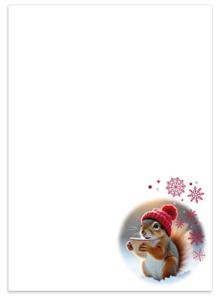 Weihnachtliches Briefpapier mit putzigem Eichhörnchen und roter Wollmütze im Schnee