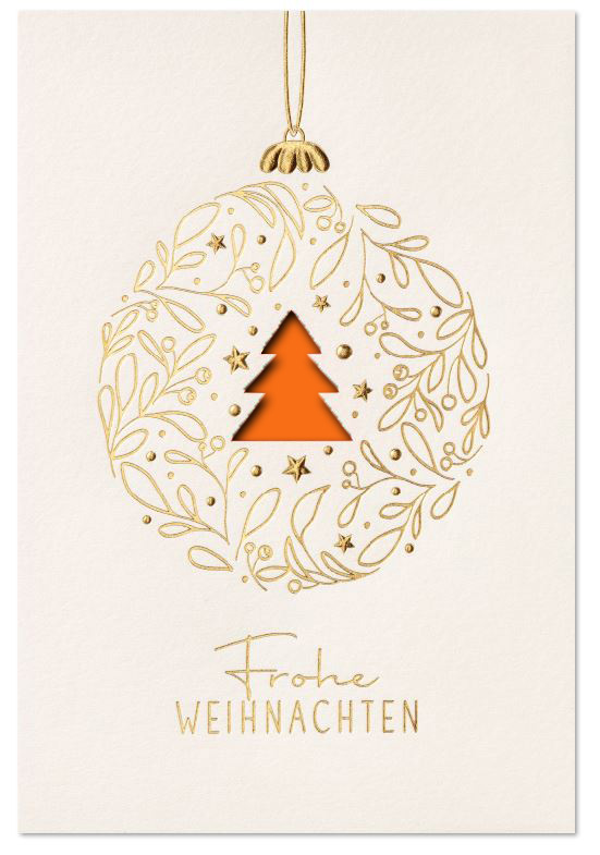 Weiße Weihnachtskarte mit Laserstanzung Baum und Goldfolienprägung von Kugel und Weihnachtsgruß, Einleger orange