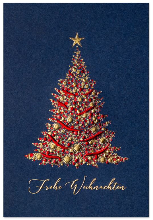 Dunkelblaue Festtagskarte im eleganten Design mit "Frohe Weihnachten" und foliengeprägtem Weihnachtsbaum