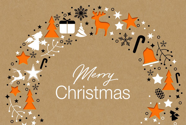 Englischsprachige Weihnachtskarte aus Kraftkarton mit Formstanzung, Einleger orange
