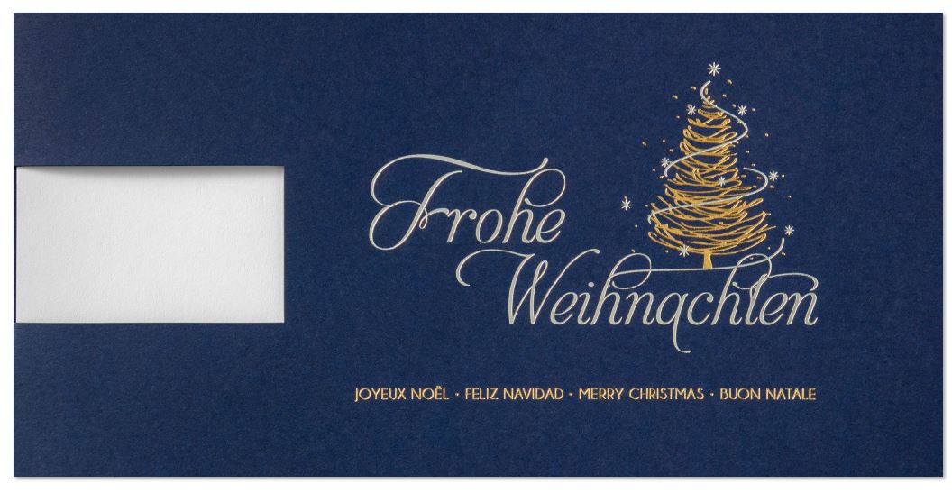 Firmenweihnachtskarte in blau mit Fensterstanzung, internationalen Grüßen und Veredelung in Gold und Silber