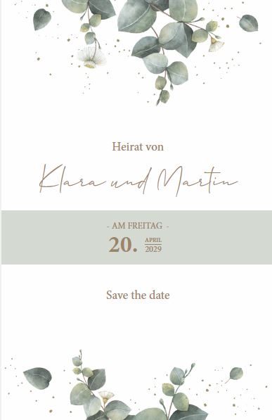 Weiße Einladungskarte zur Hochzeit mit Eukalyptusblättern als Einzelkarte
