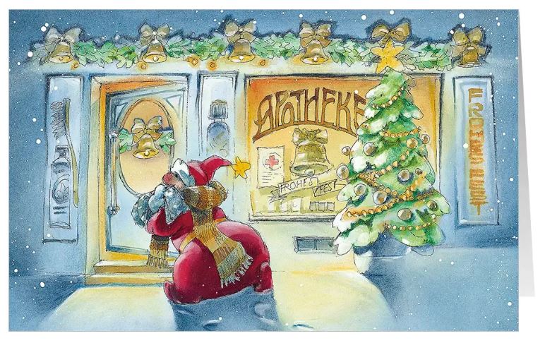 Branchenweihnachtskarte passend für Apotheken mit krankem Weihnachtsmann vor einer festlich geschmückten Apotheke