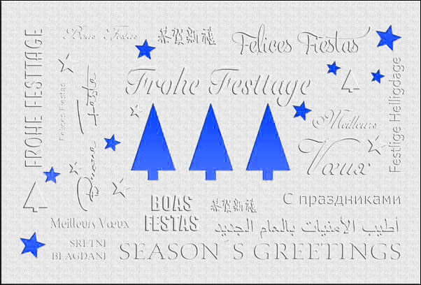 Weihnachtskarte mit Sternen und Weihnachtsbäumen und blauem Einleger
