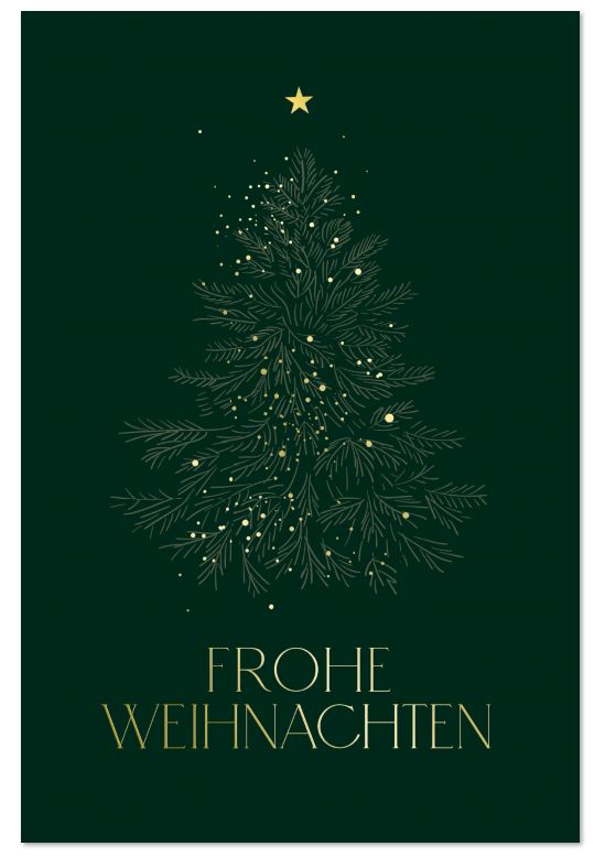Stilvolle Weihnachtskarte in dunkelgrün mit goldenem Gruß "Frohe Weihnachten" und Tannenbaum mit goldenem Stern
