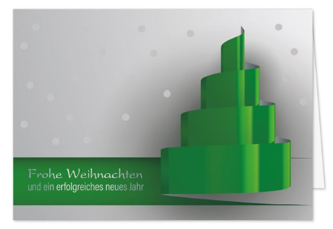 Moderne Firmenweihnachtskarte mit Silberprägung und abstraktem Tannenbaum in 3D-Optik