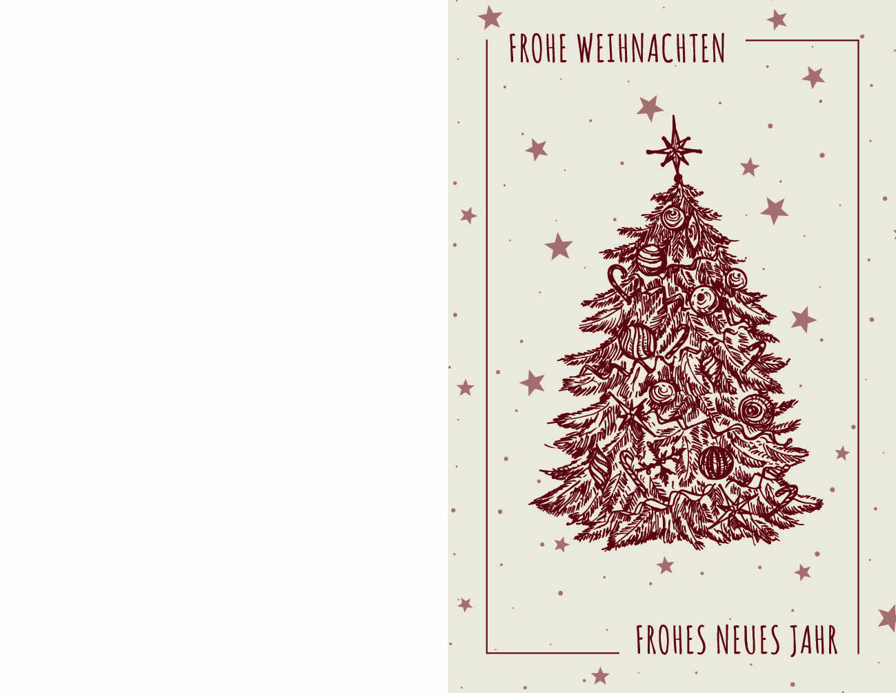 Festliche Weihnachtskarte in creme "Festlicher Tannenzauber" mit geschmücktem Christbaum und Sternenhintergrund sowie deutschsprachigem Gruß