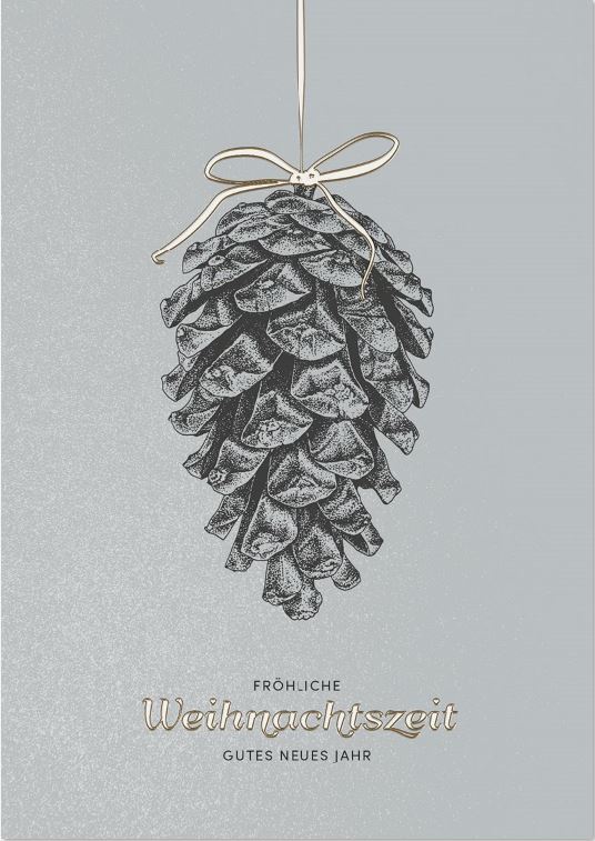 Silberne Weihnachts-Spendenkarte für die Deutsche Kinderkrebs-Stiftung mit hängendem Zapfen