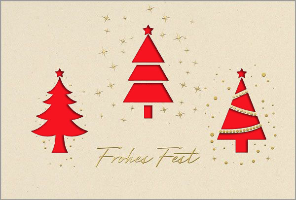 Cremefarbene Weihnachtskarte mit goldenen Sternen, Gruß und formgestanzten Tannen, Einleger: rot
