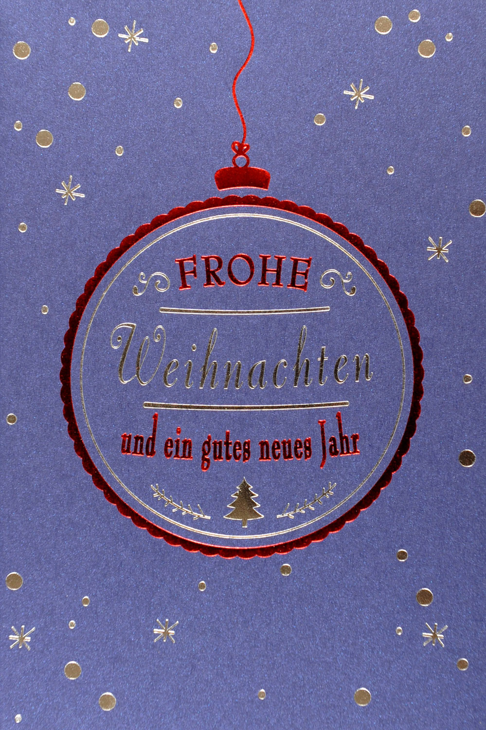 Weihnachtskarte dunkelblau metallic mit roter Weihnachtskugel Frohe Weihnachten