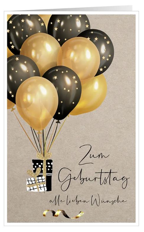 Elegante Geburtstagskarte mit goldenen und schwarzen Luftballons und "Zum Geburtstag alle lieben Wünsche"