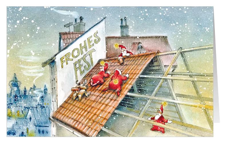 Weihnachtskarte im humorvollen Design "Gut bedacht" für Dachdecker, Zimmerer, Bedachungsunternehmen