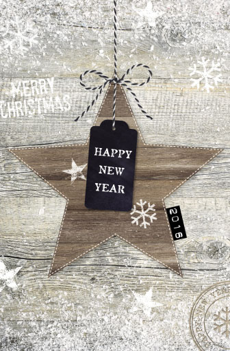 Festtagskarte Holzdekor mit Sternanhänger Happe new Year 2016