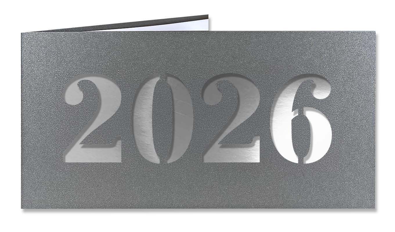 Neujahrskarte dunkelgrau-metallic mit Laserstanzung 2026 und silbernem Einlegeblatt