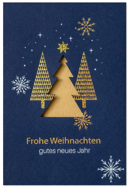 Stanz-Weihnachtskarte blau mit Weiß- und Goldfolienprägung, Motiv: Weihnachtsbäume, Eiskristalle und Gruß, Einleger kupfer