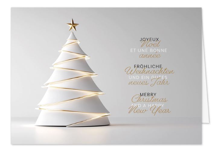Moderne Weihnachts-Klappkarte „Leuchtendes Design“ mit internationalen Weihnachtsgrüßen