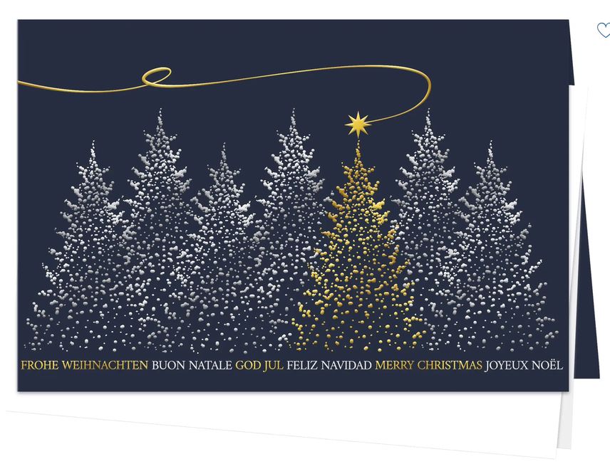 Edle Weihnachtsgrußkarte in Nachtblau "Silberwald" mit Folienprägung und internationalen Grüßen, inkl. Einlegeblatt 