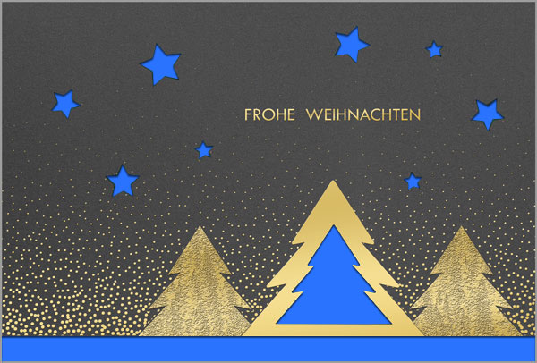 Eleganter Weihnachtsgruß in grau mit goldenem Gruß, gestanzten Tannen und Sternen, Einleger blau
