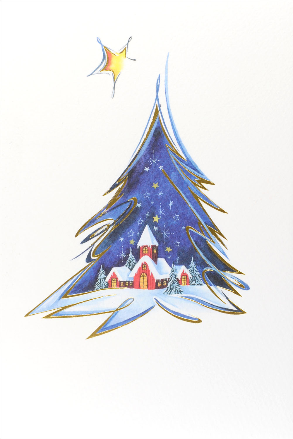 Weihnachtskarte mit Kirche und zwei Häusern in der Form eines Weihnachtsbaumes