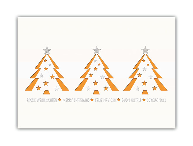 Internationale Weihnachtskarte guter Zweck Deutsche Kinderkrebsstiftung mit orangenem Einleger