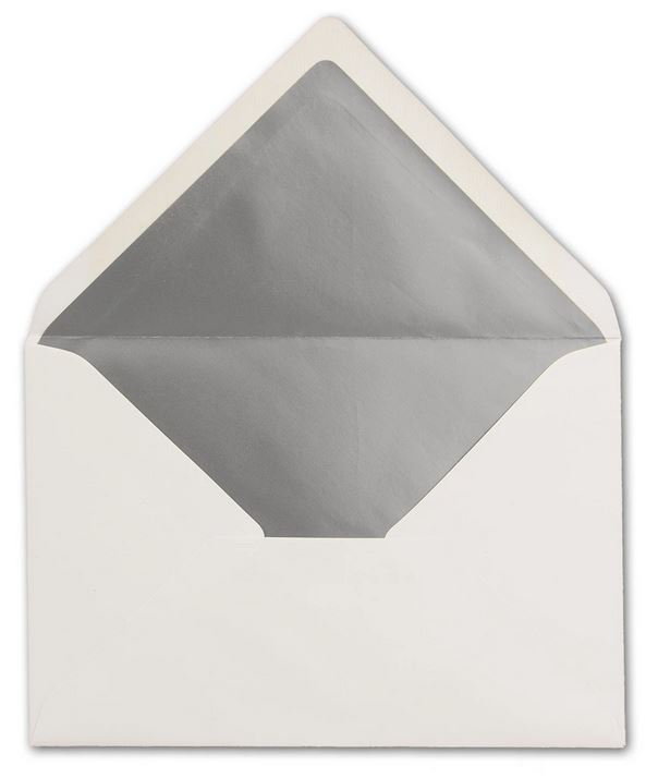 Briefumschlag DIN C6, 16,2 x 11,4 cm, nassklebend, 120g, weiß mit silbernem Innenfutter