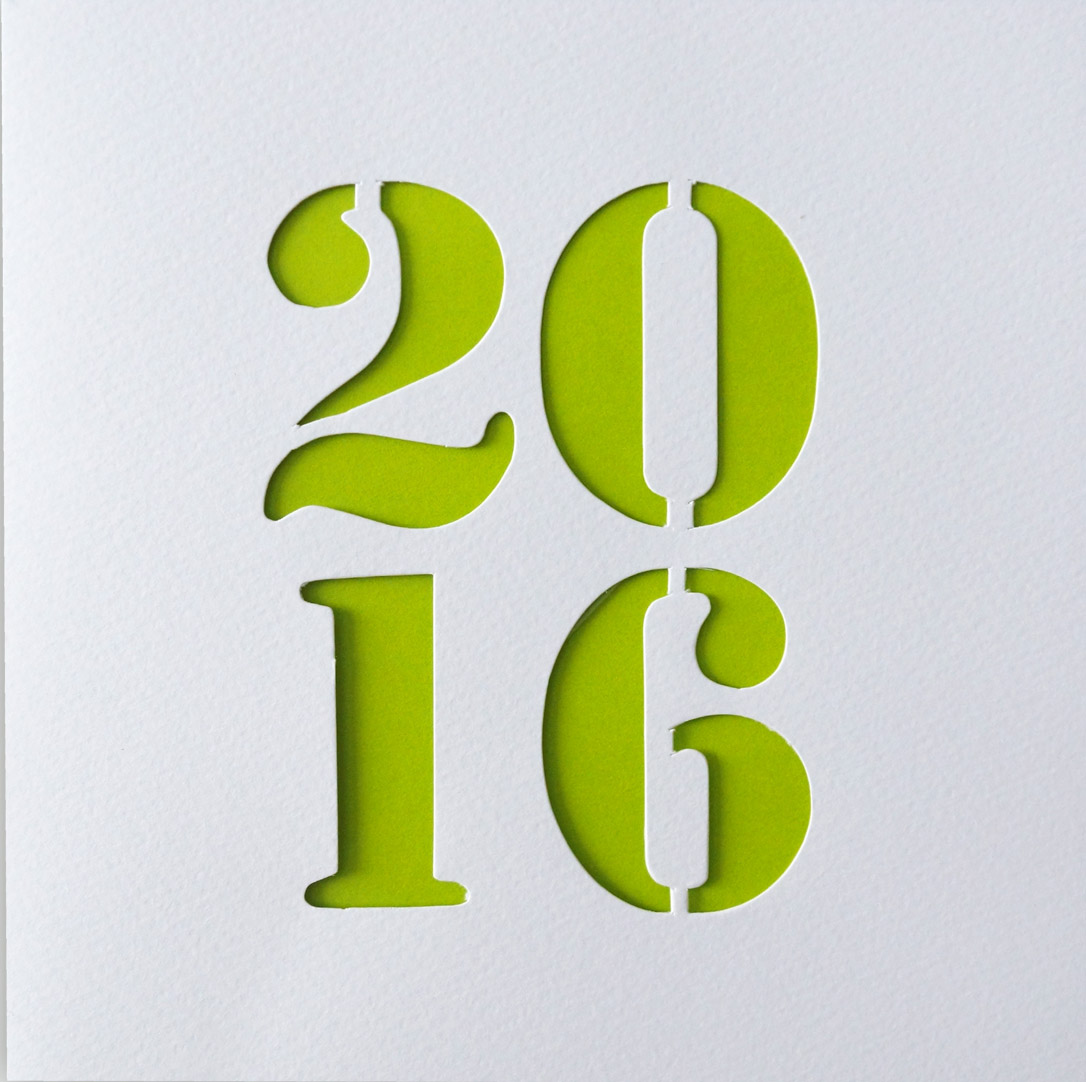 Neujahrskarte weiß mit Jahreszahl 2016 und grünem Einleger