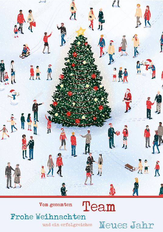 Winterliche Firmenweihnachtskarte mit Grüßen vom Team, geschmücktem Christbaum und Menschen im Schnee