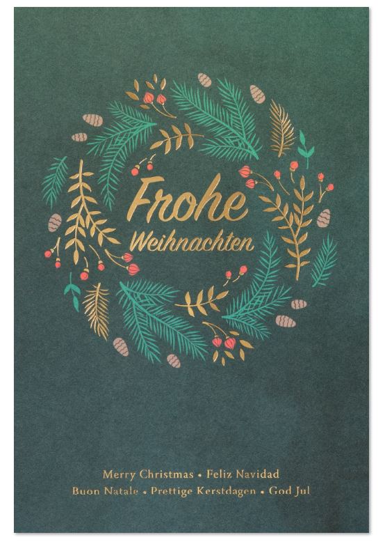 Klassische Weihnachtskarte "Waldgrüner Kranz" mit internationalen Weihnachtsgrüßen in edler Goldprägung