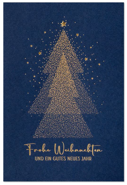 Festliche Weihnachtskarte blau mit goldgeprägtem Pointillismus-Weihnachtsbaum und Weihnachtsgruß, inkl. Einleger