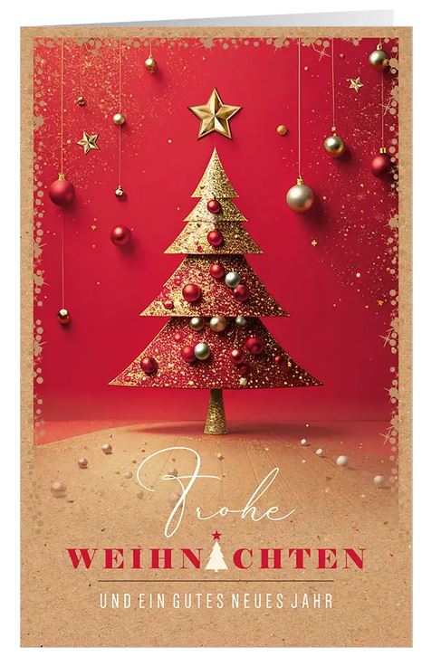 Rote Festtagskarte "Stimmungsvolle Grüße" mit Weihnachtskugeln, Baum und weihnachtlichen Grüßen