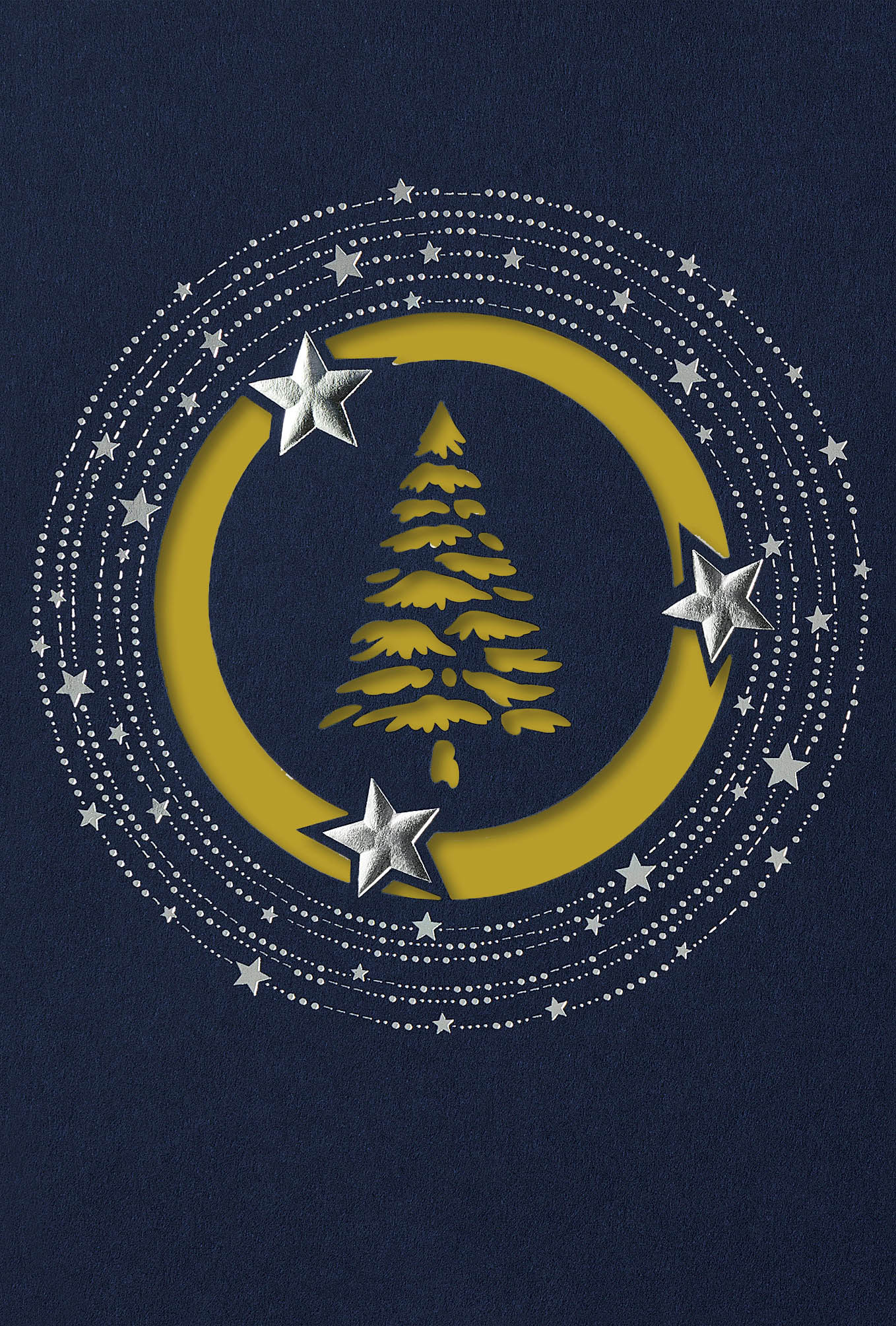 Stanz-Weihnachtskarte mit silbernen Sternen und Baum inkl. gelbem Einlegeblatt