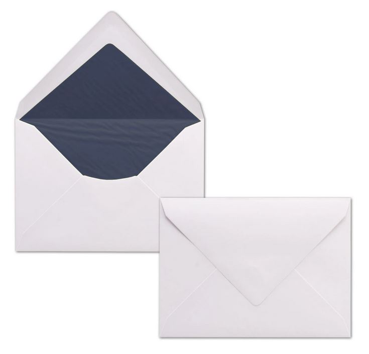Briefumschlag DIN C6, 16,2 x 11,4 cm, nassklebend, 100g, weiß gefüttert mit dunkelblauem Seidenpapier 