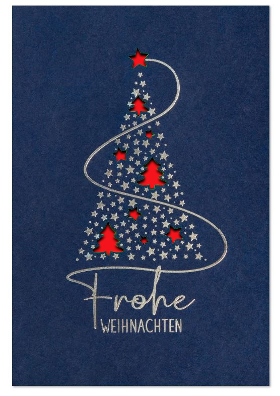 Blaue Weihnachtskarte mit Silberprägung und Stanzung sowie gutem Zweck: Kinderkrebshilfe, Einleger rot
