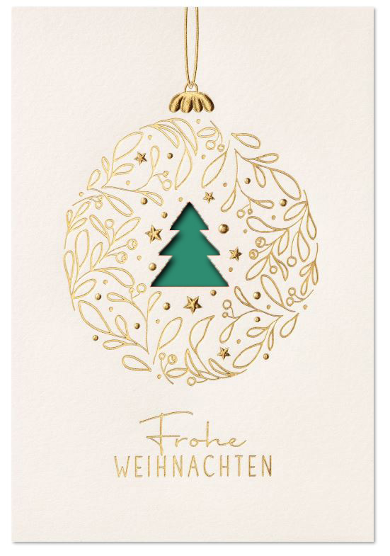 Weiße Weihnachtskarte mit Laserstanzung Baum und Goldfolienprägung von Kugel und Weihnachtsgruß, Einleger dunkelgrün