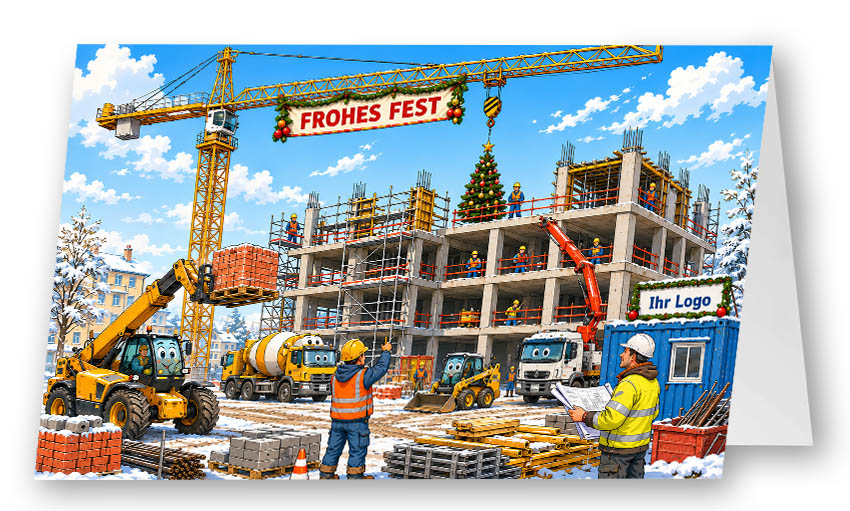 Lustige Weihnachtskarte „Weihnachtsbau“ mit Großbaustelle, Baukran und fleißigem Bauteam sowie festlichem Weihnachtsbaum